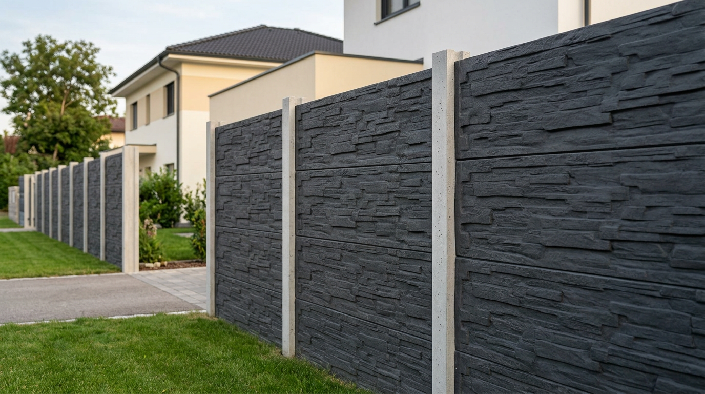 Betonzaun in Anthrazit mit glatten Betonsäulen – VARORA-TEAM Referenzprojekt